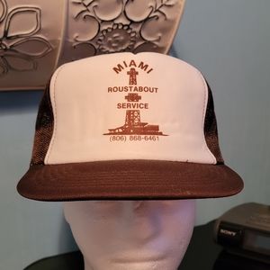 Vintage Trucker Hat, " Miami Roustabout Service" Brown & White, OS